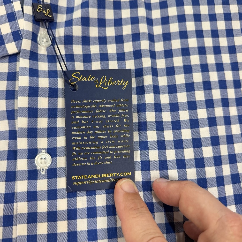 NWT State & Liberty Shirt Mens Large Blue White Gingham Check Long Sleeve - Picture 6 of 8